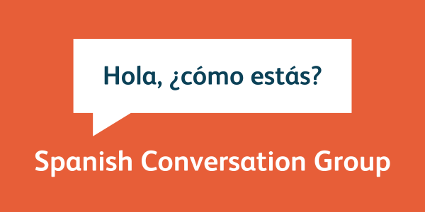 hola como estas in a chat bubble. Spanish conversation group