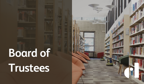 Text: CL Board of Trustees. Image: library shelves