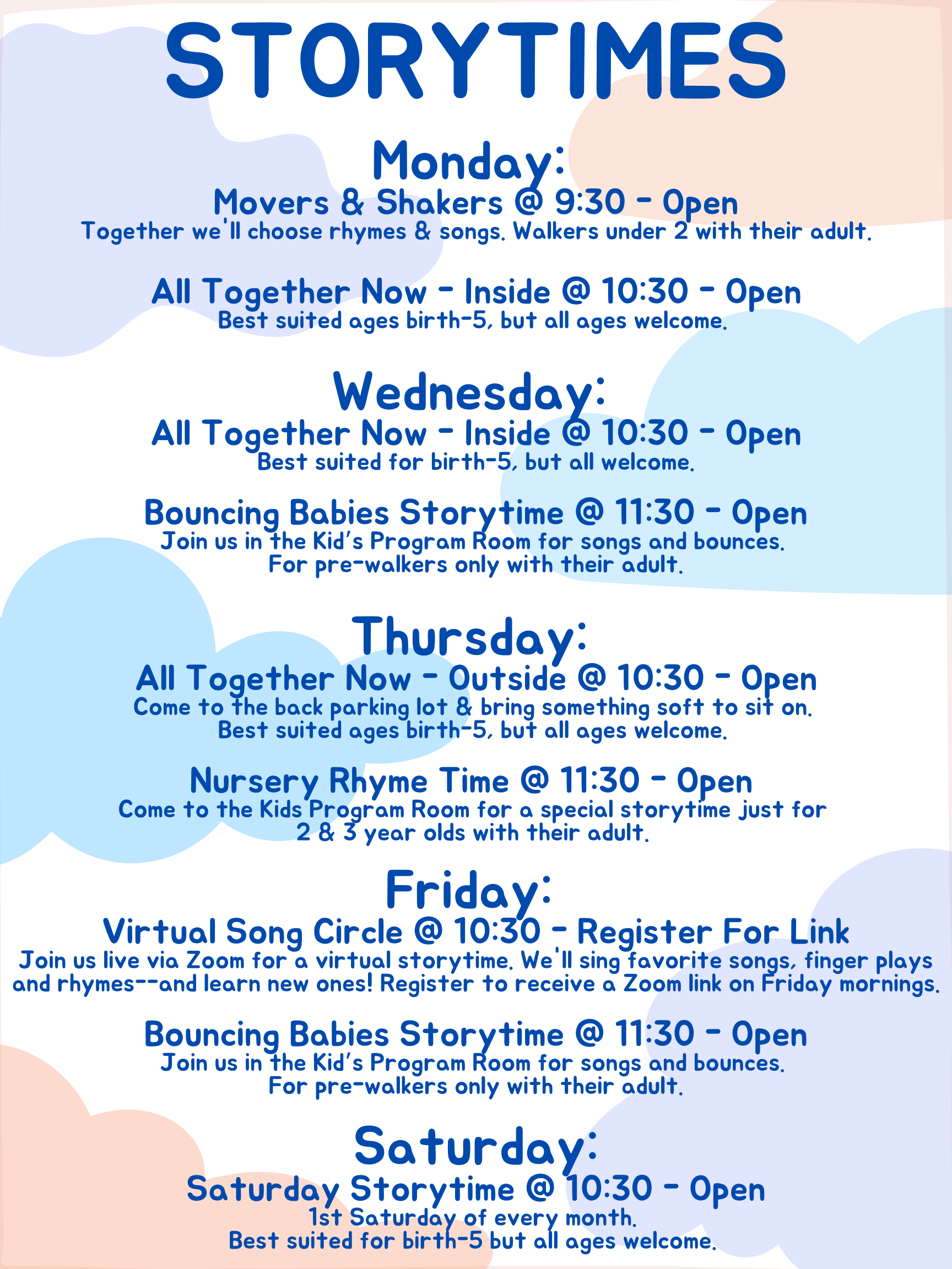 storytimes list with day/time and descriptions