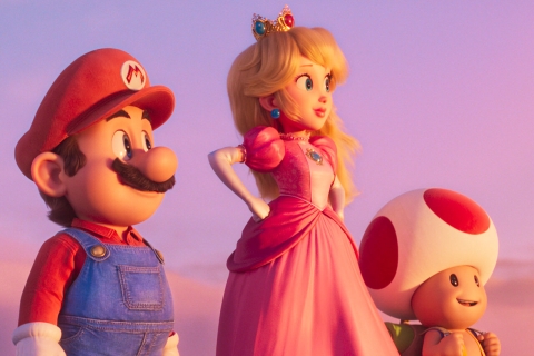 mario, princess peach, and toad looking off in the distance