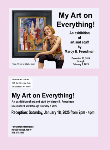 My Art on Everything flyer with image of artist standing in front of a framed picture