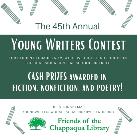 Green and white flyer announcing Young Writers Contest