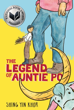 Book cover featuring teen protagonist in white shirt and brown pants, jean-clad legs of larger figure and head of blue horned ox