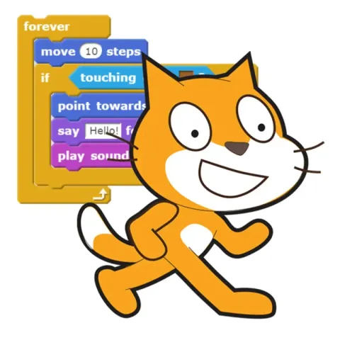 Scratch Cat mascot with coding language