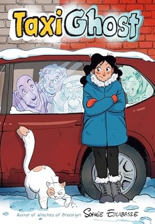 On a snowy city street, a girl bundled into a blue winter parka, leggings and snow boots leans against a red car. Though she looks doubtful, four ghosts look hopefully out of the car's closed windows behind her.  A white cat shakes snow off one front paw.