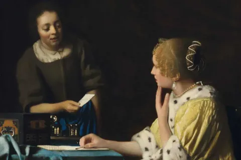 painting of woman seated at table and a woman handing her a note