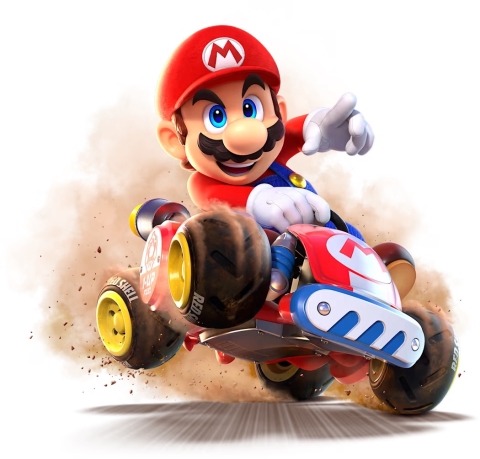 Mario game character driving car lifted on two wheels