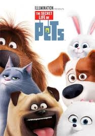 Movie poster with four animated dogs, one cat, and one rabbit