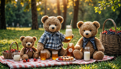Teddy Bears enjoy picnics with honey