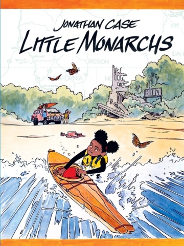 A young girl grapples with a kayak in the waves on a beach; there's an SUV and a ruined building in the background, and she's watching some butterflies overhead.