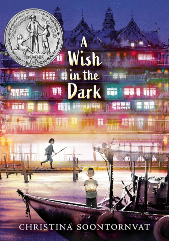 Book cover with boat and river in the foreground and colored light in the background