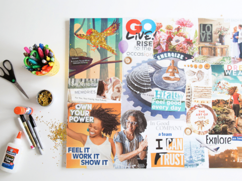 a mood board with scraps of magazines and writing