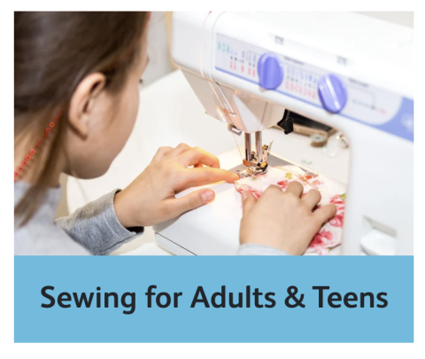 Sewing for adults and teens. hands sewing at a sewing machine.