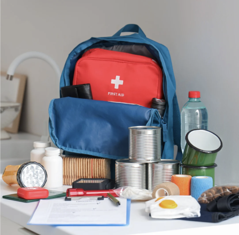 Emergency supplies and a backpack