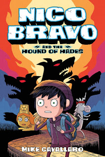 A fierce but worried-looking boy wearing a backpack stares ahead,, with a sphinx and a unicorn behind him, and the silhouette of a three-headed, red-eyed dog behind them.