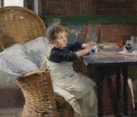 painting of a child sitting at a table