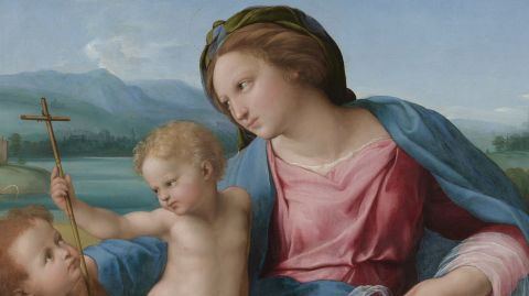 painting of a woman holding a naked child holding a cross