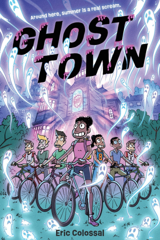 Seven scared-looking kids waiting to mount their bikes, with many ghosts streaming out of windows behind them.