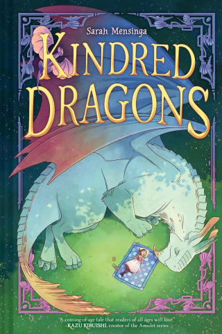 A girl lies on a blanket, in the curve of a large green dragon's body.