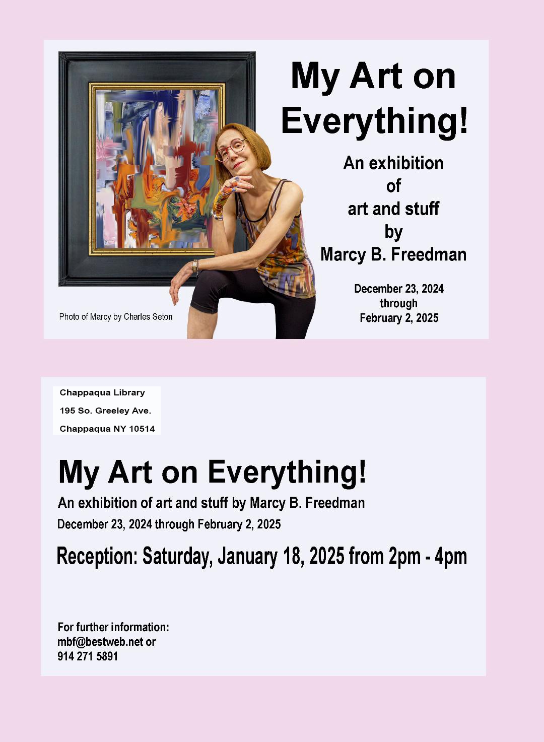 My Art on Everything flyer with image of artist standing in front of a framed picture