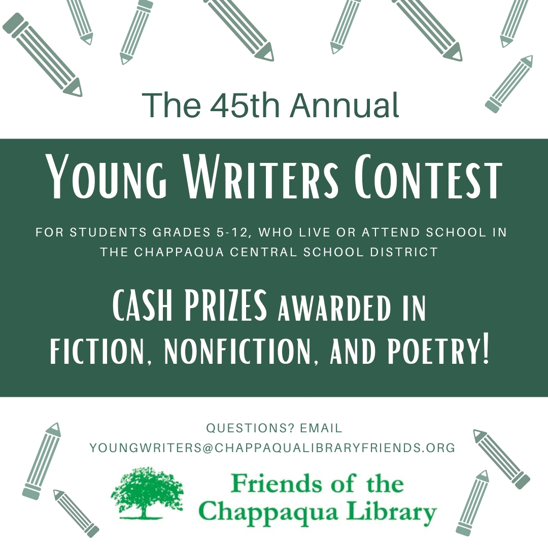 Green and white flyer announcing Young Writers Contest
