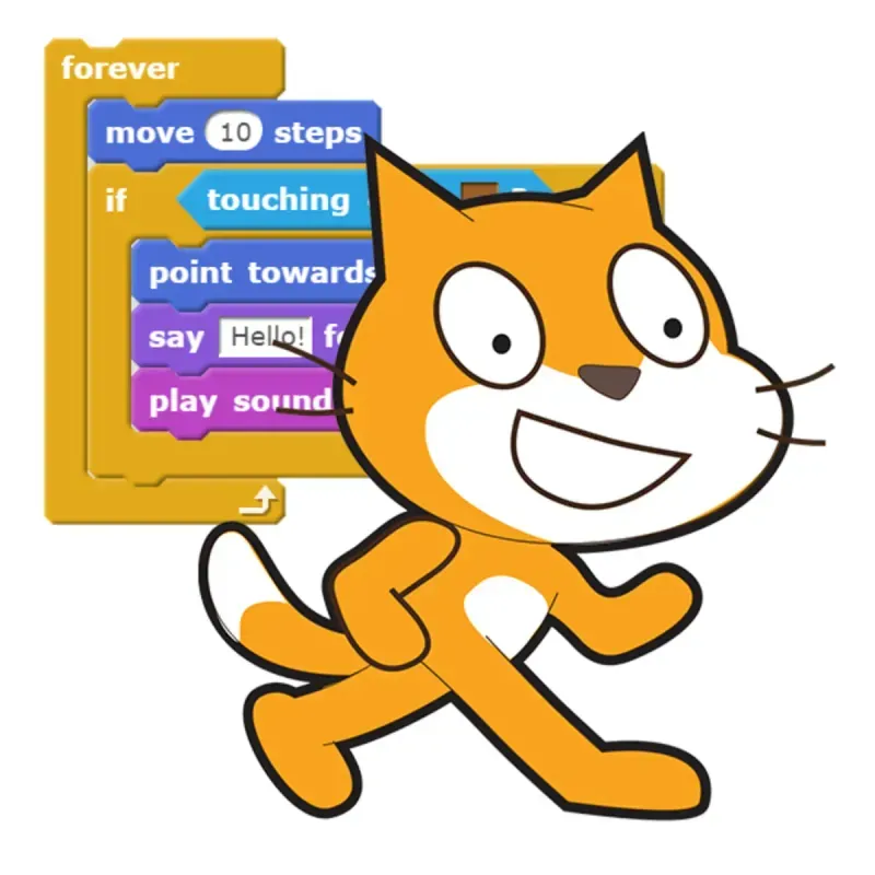 Scratch Cat mascot with coding language