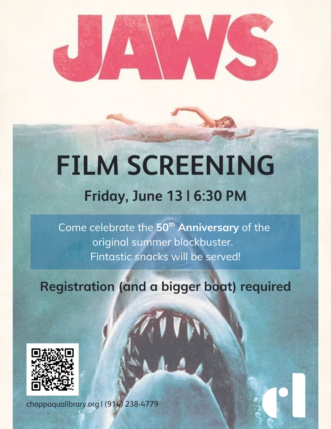 Jaws movie poster. Film screening at the Chappaqua library June 13 at 6:30pm