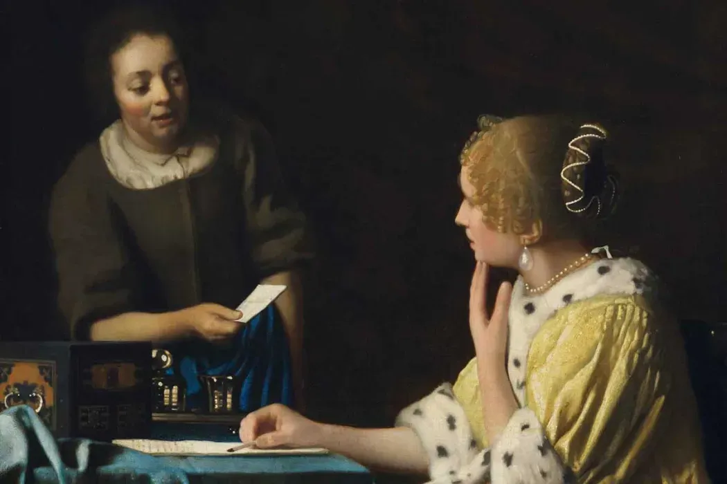 painting of woman seated at table and a woman handing her a note