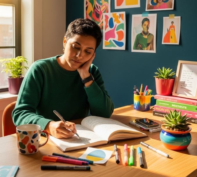 Woman writing in notebook.