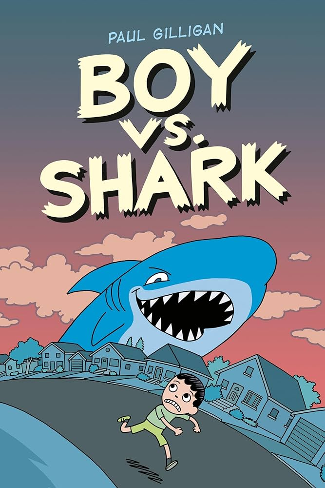 A frightened boy flees an looming, smiling shark down a suburban street.