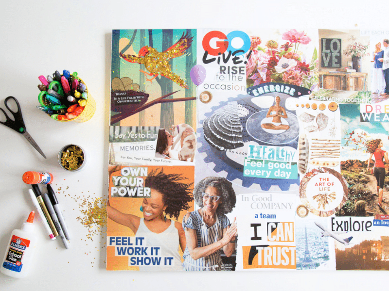 a mood board with scraps of magazines and writing