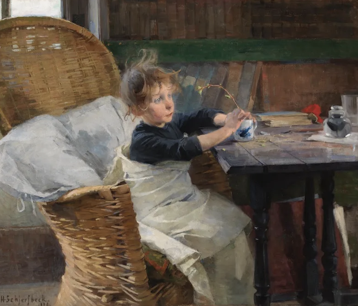 painting of a child sitting at a table