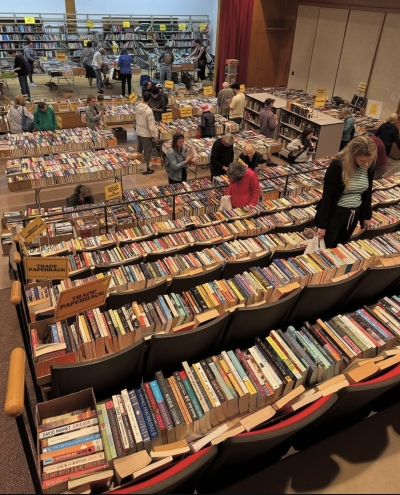 Photo of a previous book sale in the Library theater