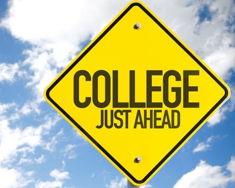 College just ahead on yellow street sign